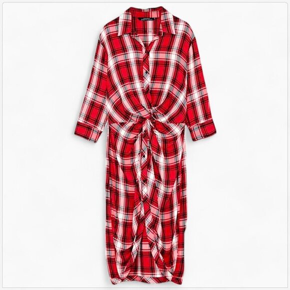Zara Premium Denim Collection Red White Plaid Twist Knot Button Midi Dress S - Picture 2 of 6